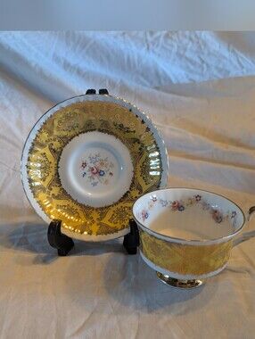 2/80$ PARAGON Gold and White Floral Porcelain Tea Cup with Saucer